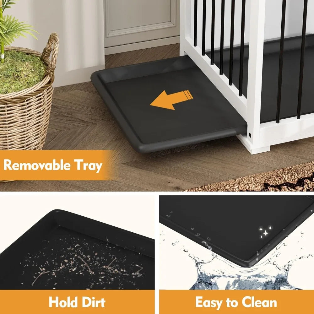 Large Double Dog Crate Furniture, Wooden Dog Kennel House with Divider & 2 Trays, for Large or 2 Medium Breeds Indoor