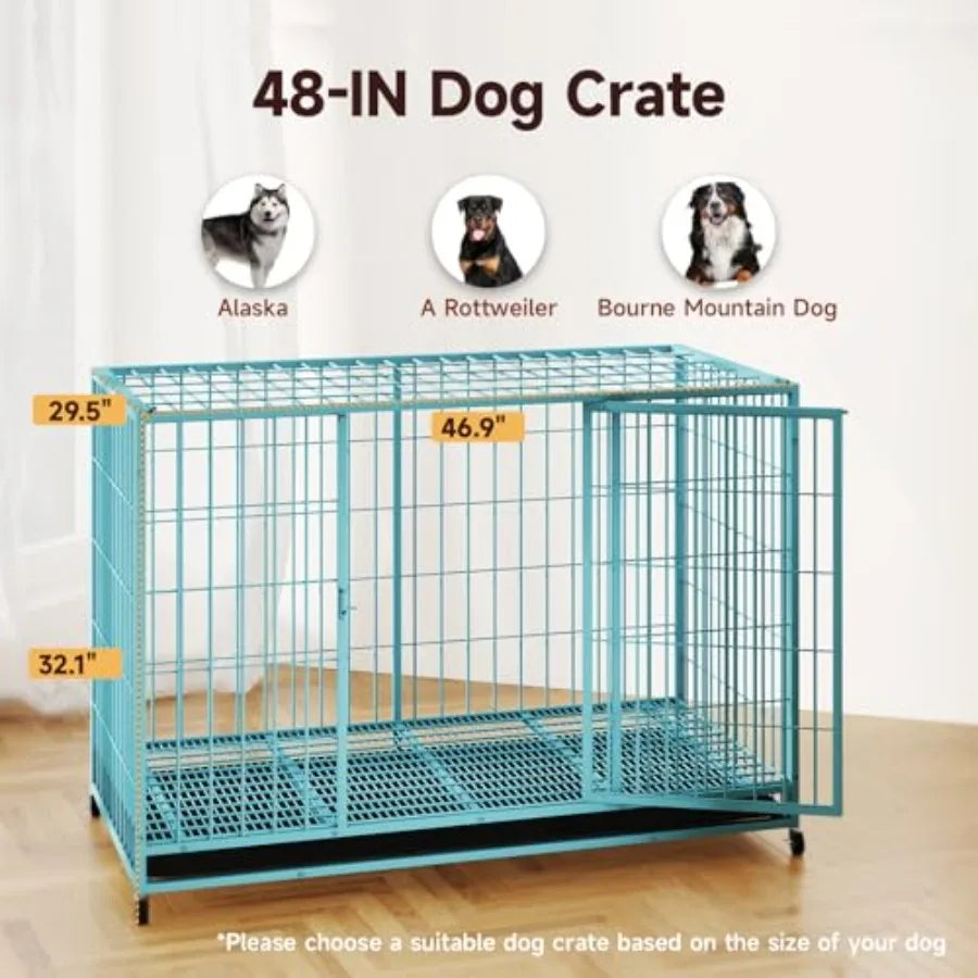 Blue 48 in Metal Wire Dog Crate with Tray and Double Door Design for Large Dogs Ideal Indoor Outdoor Use as Puppy Playpen Durab