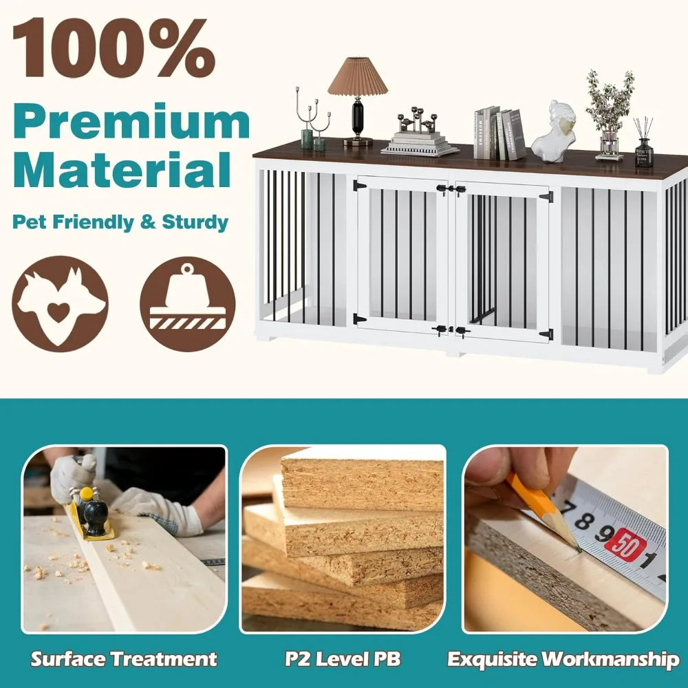 Large Double Dog Crate Furniture, Wooden Dog Kennel House with Divider & 2 Trays, for Large or 2 Medium Breeds Indoor