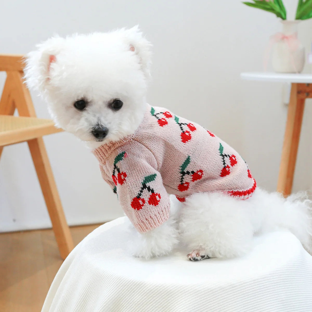 Dog or Cat Warm Winter Pink Cherry Knitted Sweater