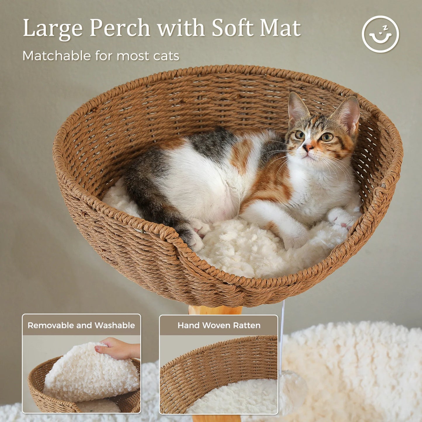 Solid Wood Cat Tree Modern Cat Tower with Spacious Cat Condo,Flower Perches,Fun Pompom,Double Comfort Perfect for Indoor Kittes