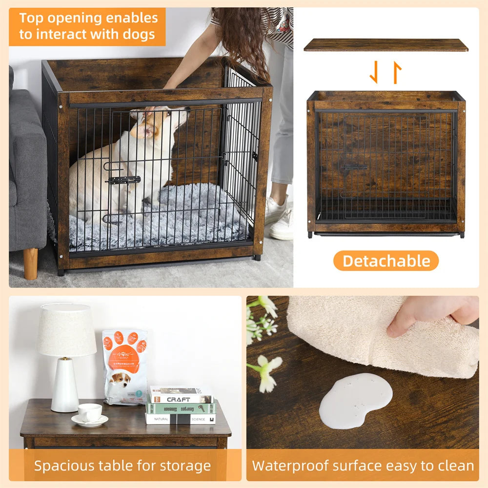 Large Elevated Dog Crate Wooden Dog Kennel Cage Pet House End Table with Double Door and Removable Tray Rustic Furniture Indoor