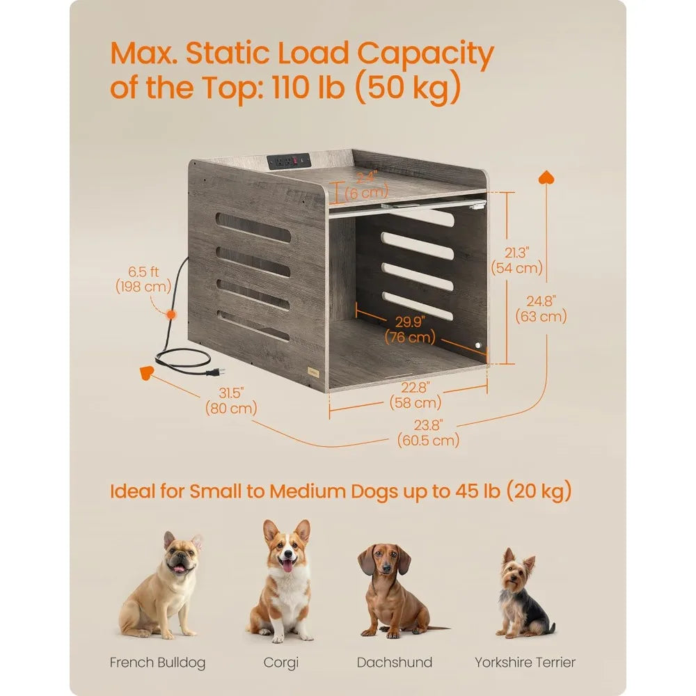 Feandrea Modern Dog Crate Furniture with Charging Station, Kennel Indoor with Flip-up Hidden Acrylic Door, for Small and Medium