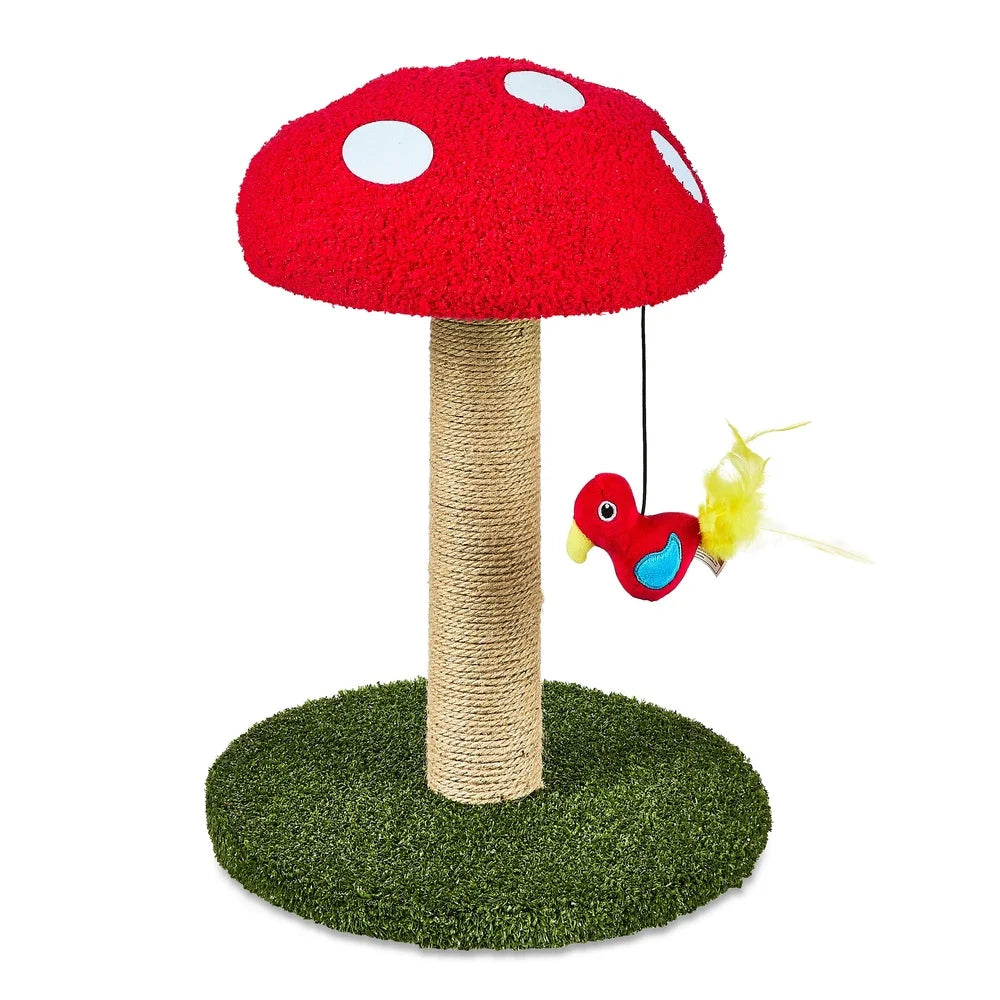 Deluxe Jute Mushroom Cat Scratching Post with Interactive Bird Toy Engaging Design Promotes Healthy Scratching and Playtime