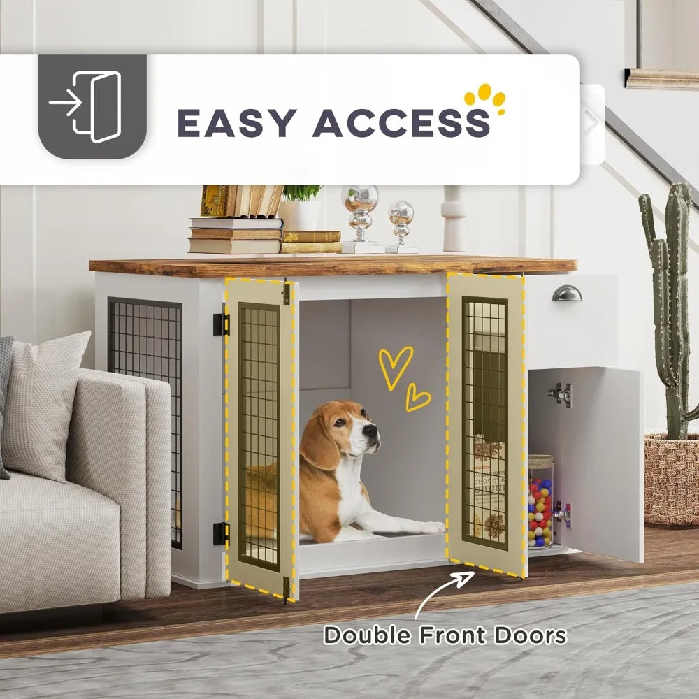 44-Inch Dog Crate with Double Door and Storage Drawer, Indoor Furniture Style Cage for Medium Dogs, White