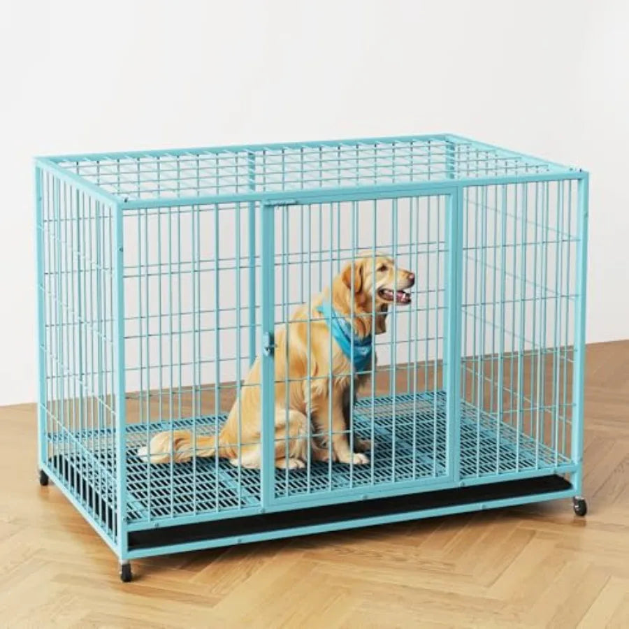 Blue 48 in Metal Wire Dog Crate with Tray and Double Door Design for Large Dogs Ideal Indoor Outdoor Use as Puppy Playpen Durab