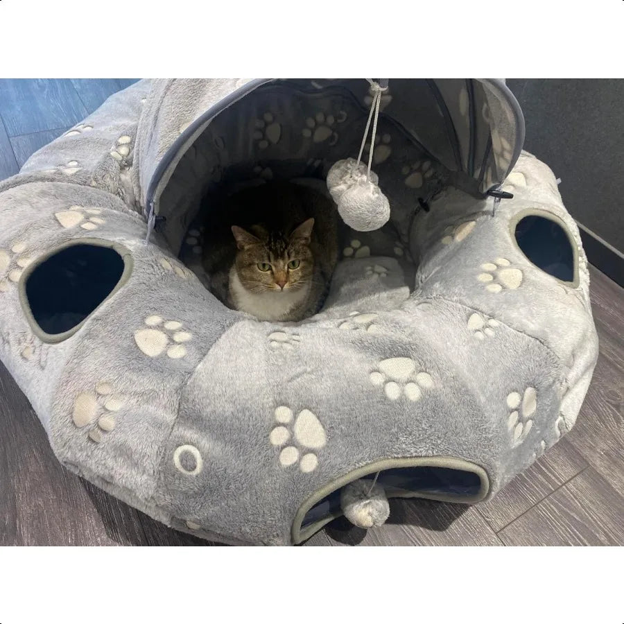 Cat Tunnel Bed Cat Tunnels for Indoor Cats Cat Donut Tunnel Toy with Washable Circle Cushion Straight Shaped Tunnel 4 Fluffy