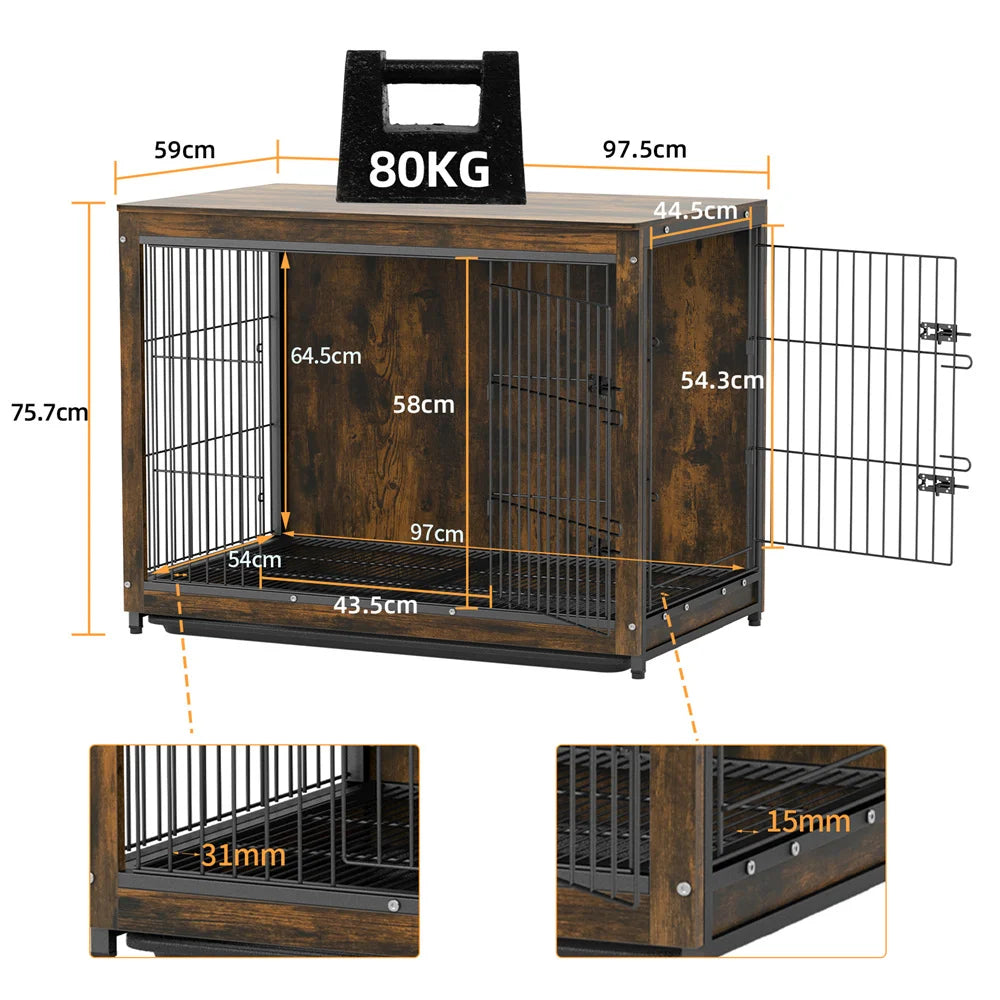 Large Elevated Dog Crate Wooden Dog Kennel Cage Pet House End Table with Double Door and Removable Tray Rustic Furniture Indoor