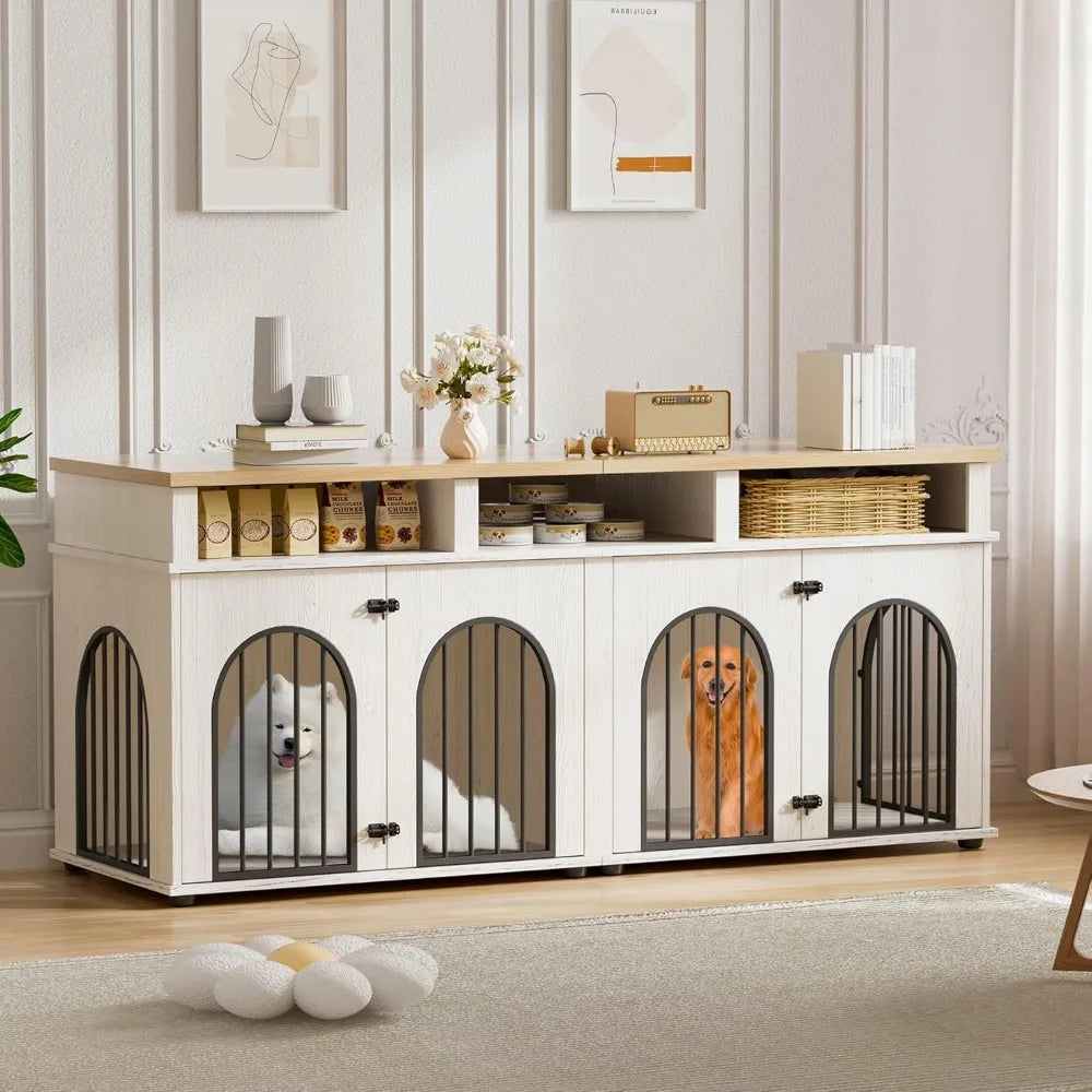 Garvee Double Dog Crate Furniture 71 Dog Kennel Furniture for 2 Medium Dogs, Heavy Duty Dogs Cage XL Dogs House Indoor with 3 St