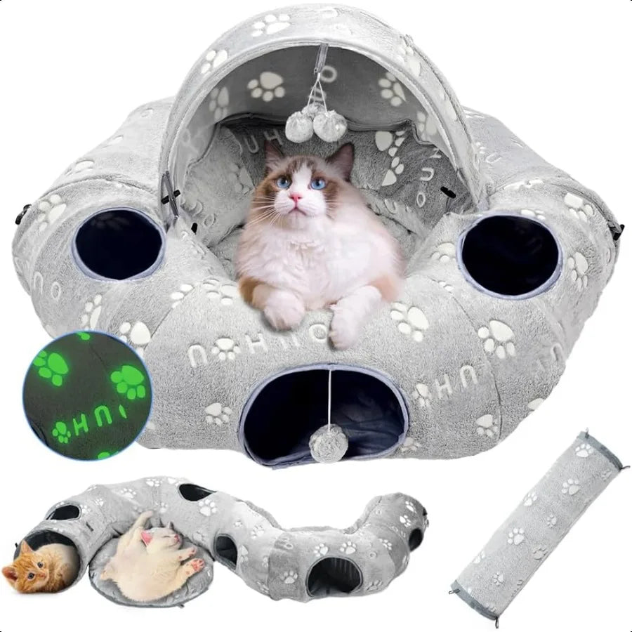 Cat Tunnel Bed Cat Tunnels for Indoor Cats Cat Donut Tunnel Toy with Washable Circle Cushion Straight Shaped Tunnel 4 Fluffy