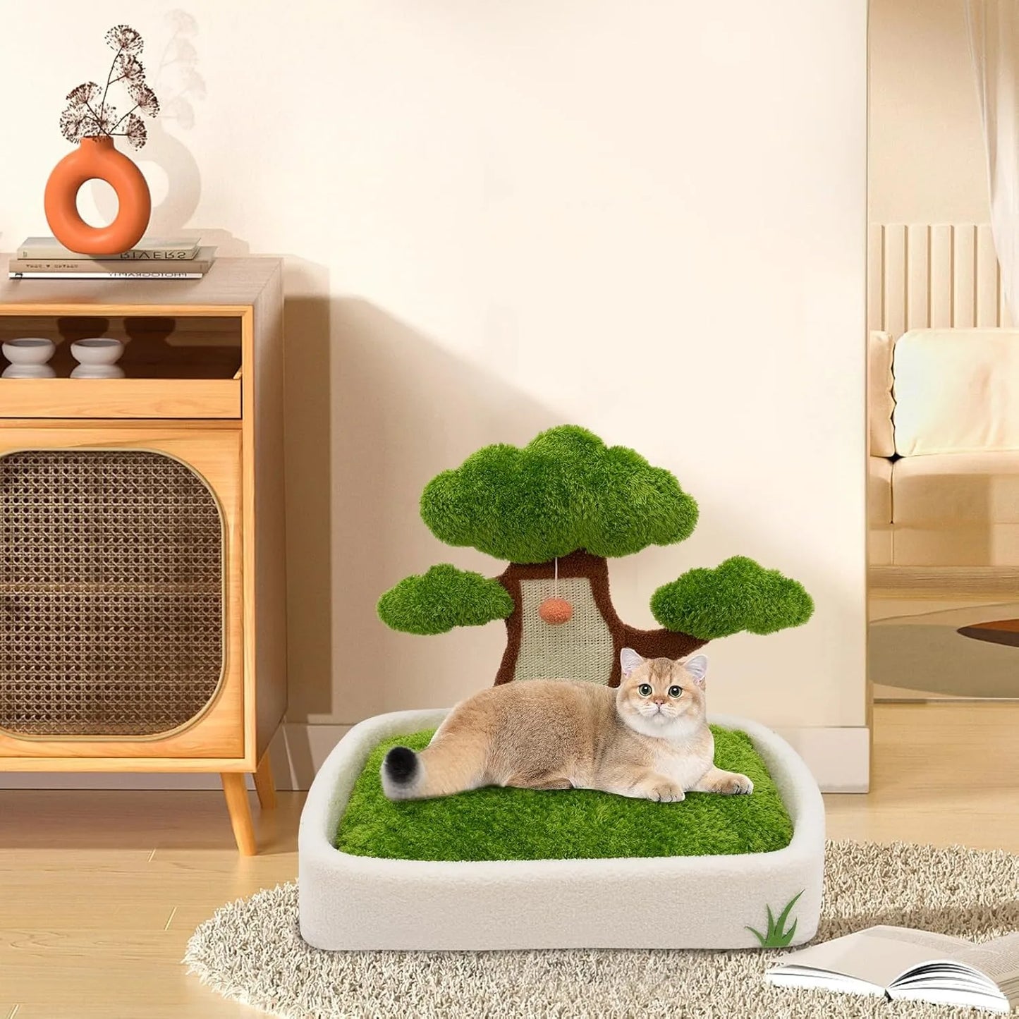 Luxury Cat House with Pine Tree Scratching Post, 24.8" Plush Velvet Bed & Sisal Scratcher for Indoor Cats, Includes Dangling Toy