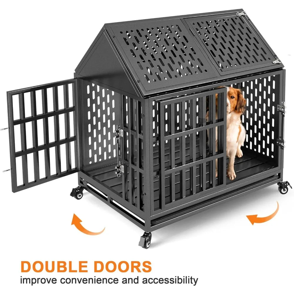 38-42 Inch Heavy Duty Dog Crate with Self-Locking Latch for High Anxiety Dogs, Indestructible Large Kennel Indoor with Pointed