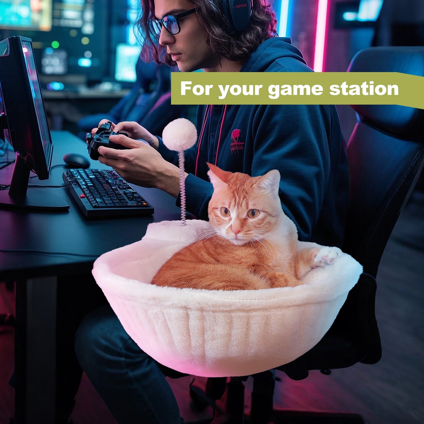 Cozy Removable & Portable Cat Bed, Safe Cat Hammock & Basket with Interactive Plush Ball Toy, Beige,Perfect for Indoor Cats&Desk Use