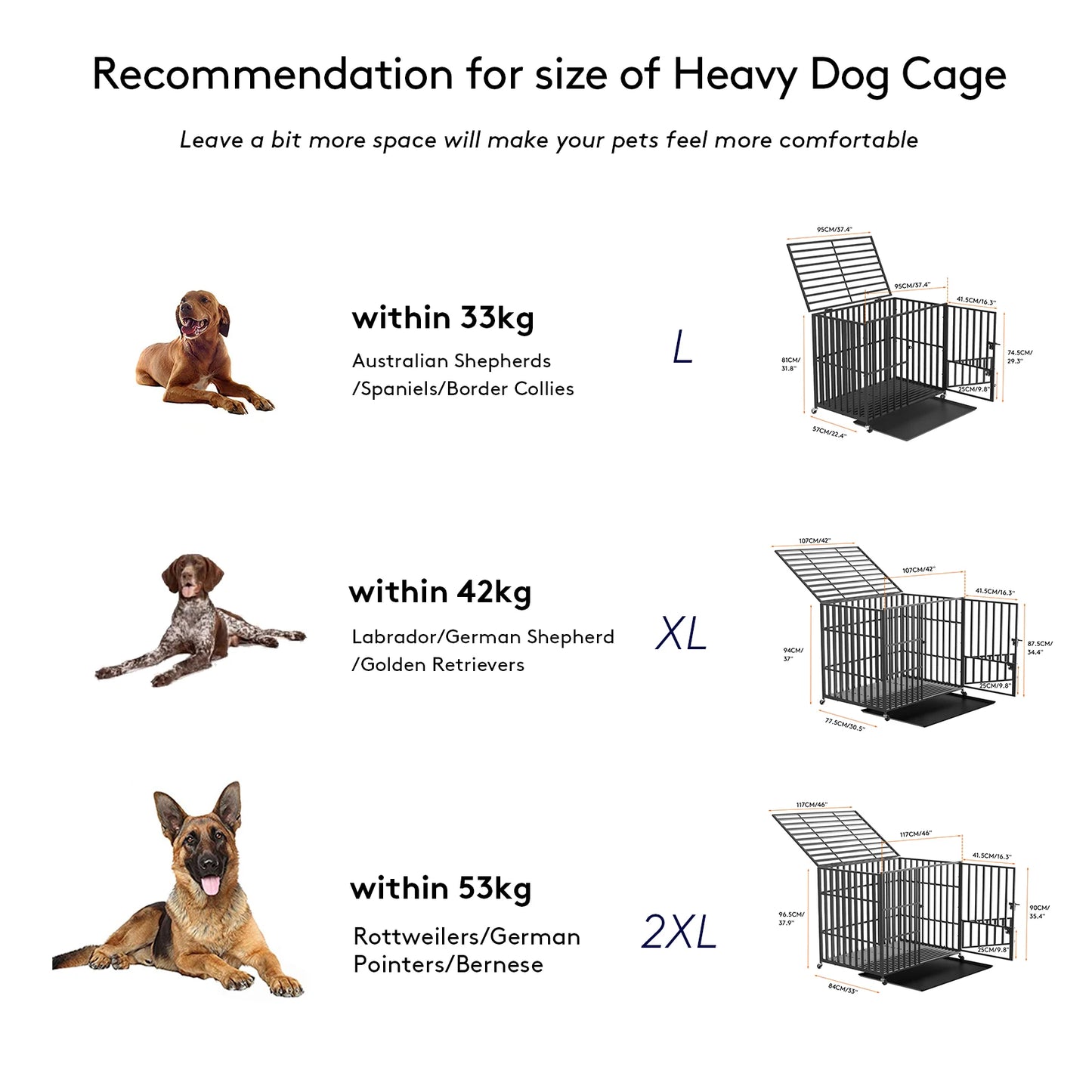 Heavy Duty Dog Crate with 4 Lockable Wheels 3 Doors and Removable Tray Metal Pet Kennels Cage Playpen