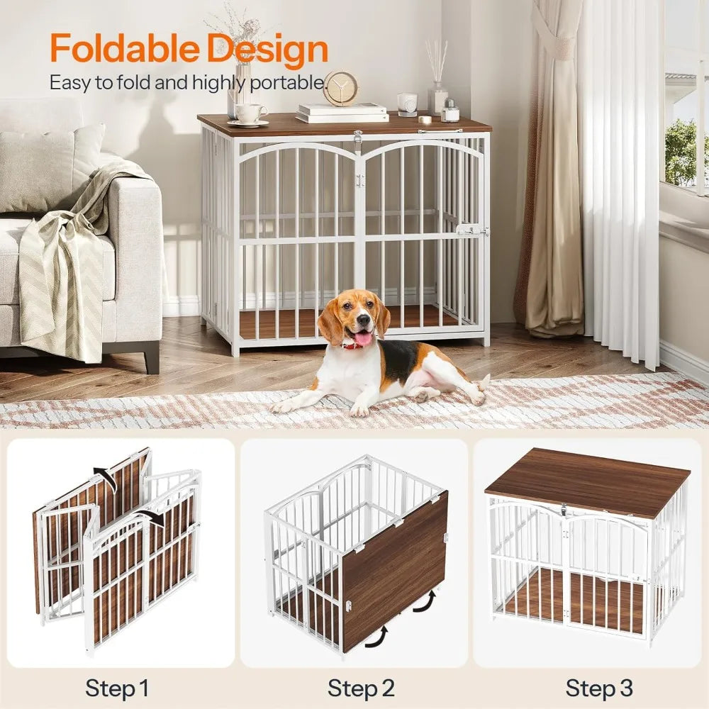 Foldable Wooden Dog Crate Furniture, 31.5 Indoor Kennel, Medium Size Dog Cage with Decorative Side Table