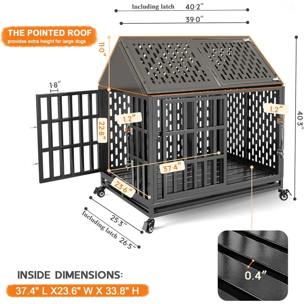 38-42 Inch Heavy Duty Dog Crate with Self-Locking Latch for High Anxiety Dogs, Indestructible Large Kennel Indoor with Pointed