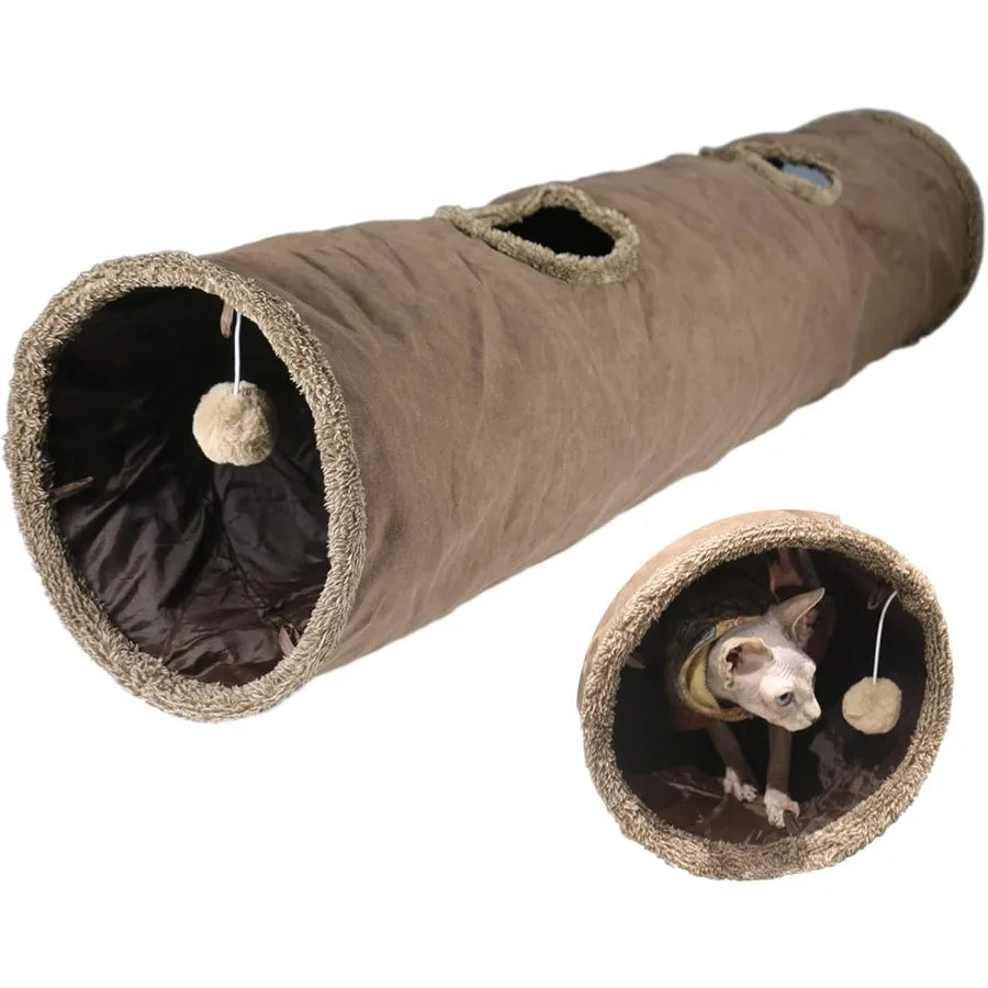Foldable Indoor Cat Tunnel for Large Cats 51×12 Inch with Two Peepholes and Bubble Ball Toy Brown Suede Design for Playtime and