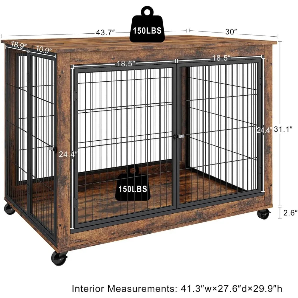 Dog Crate Furniture, Wooden Dog Crate Table,Dog Kennel with 3 Doors, Flip-up Top Opening and Wheels, Decorative Pet Crate House