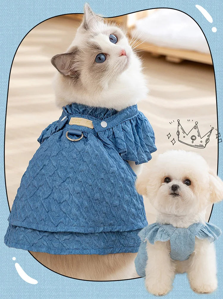 Denim Dress for Small Dogs or Cats with Leash Ring.
