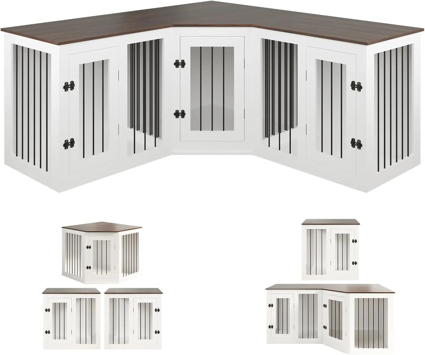 Large Dog Crate Furniture for 3 Dogs, 113'' Corner Dog Crate with Divider, 3 in 1 Heavy Duty Indoor Wooden Dog Kennel Furniture