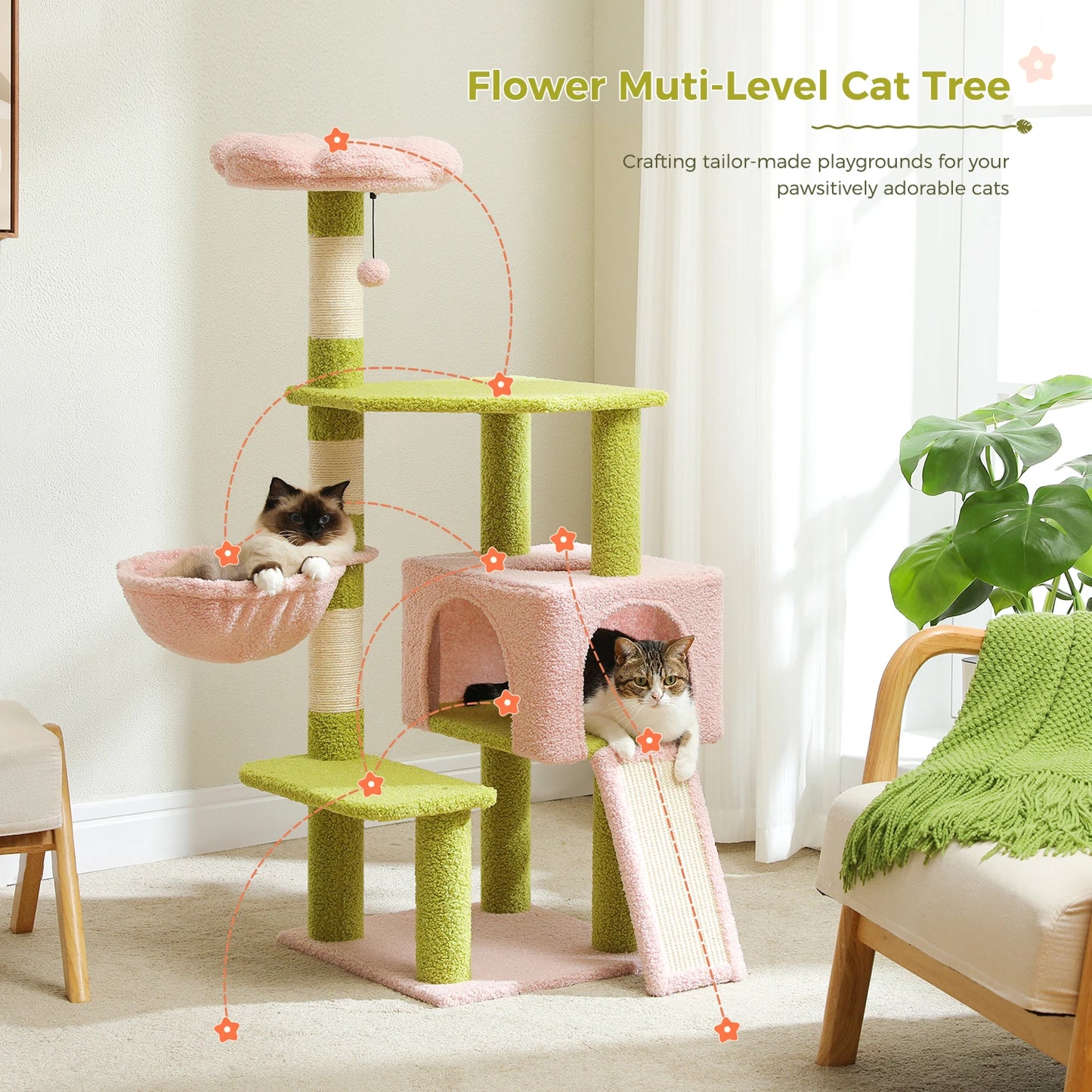 Flower Cat Tree, Multi-Level Cat Tower with Sisal Scratching Posts, Hammock, Ramp, Top Perch, Cat Condo for Indoor, Kitten Toys