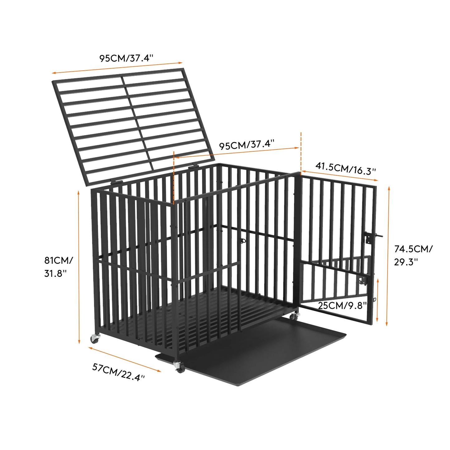 Heavy Duty Dog Crate with 4 Lockable Wheels 3 Doors and Removable Tray Metal Pet Kennels Cage Playpen