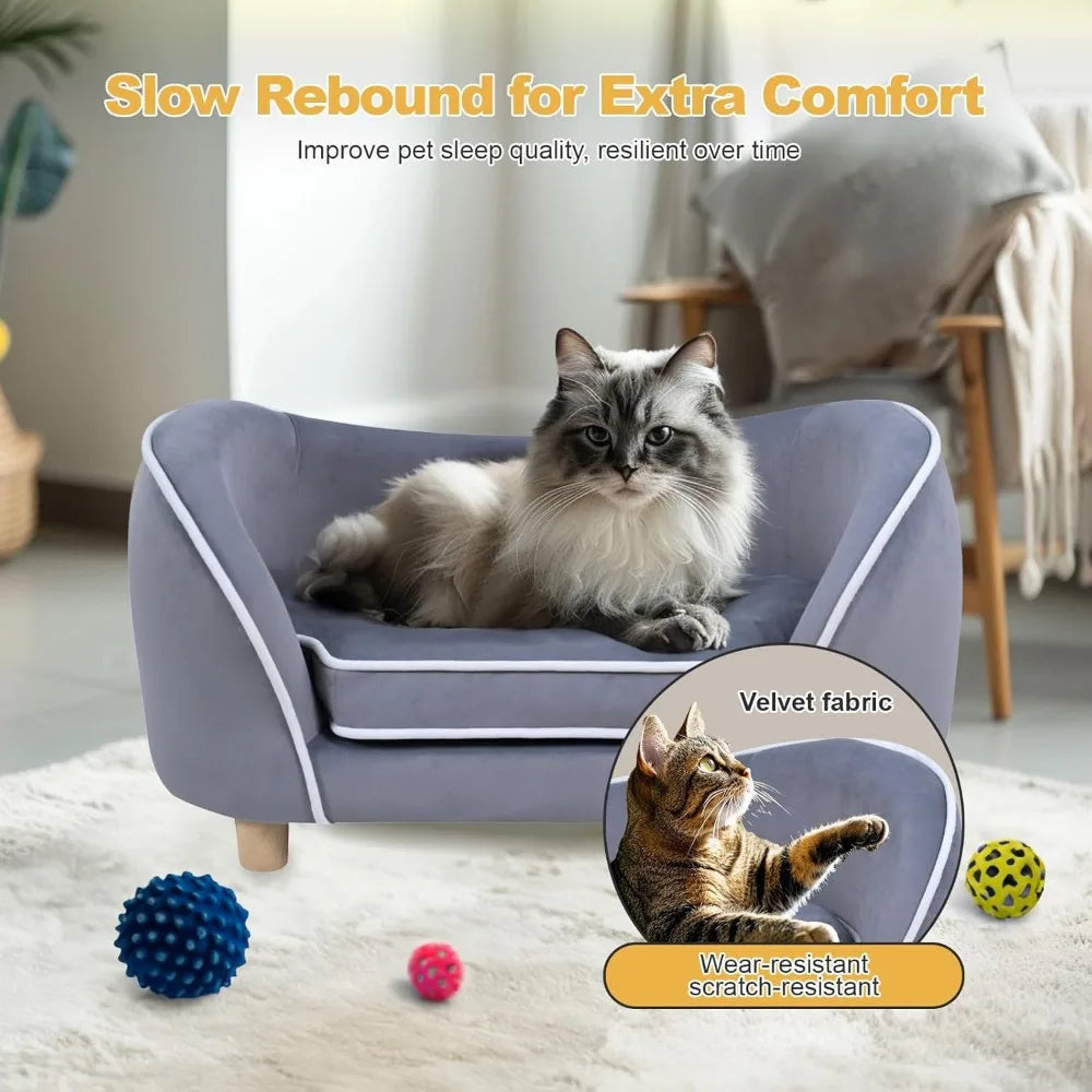 Gray 27-inch pet sofa with cushion, removable cover and wooden legs for small dogs and cats