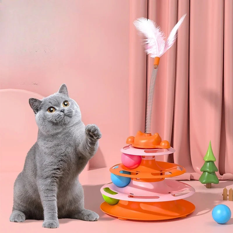 1pcs 4-Layer Feather Cat Ball Track With Fun Toy Ball And Playing Stick - Interactive Toy For Cats
