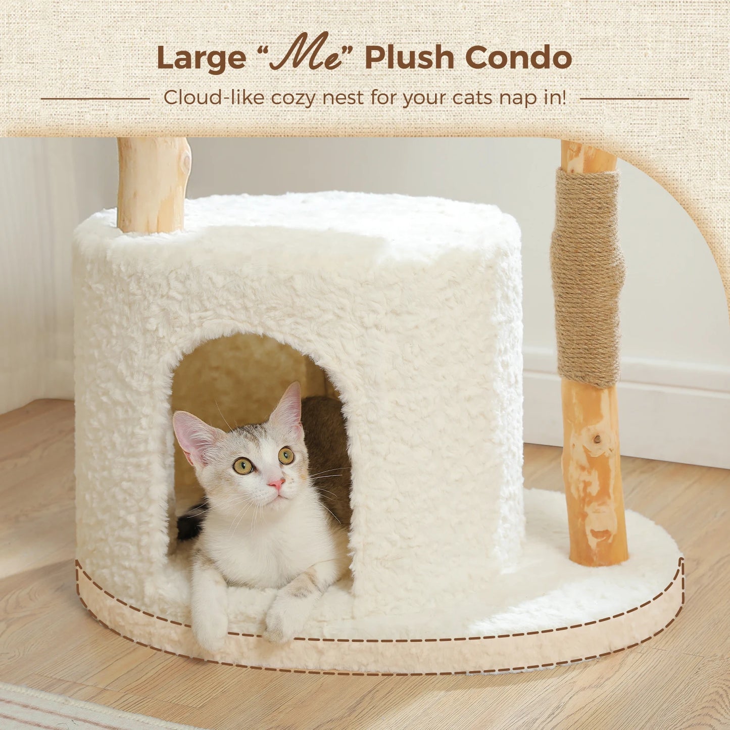 Solid Wood Cat Tree Modern Cat Tower with Spacious Cat Condo,Flower Perches,Fun Pompom,Double Comfort Perfect for Indoor Kittes