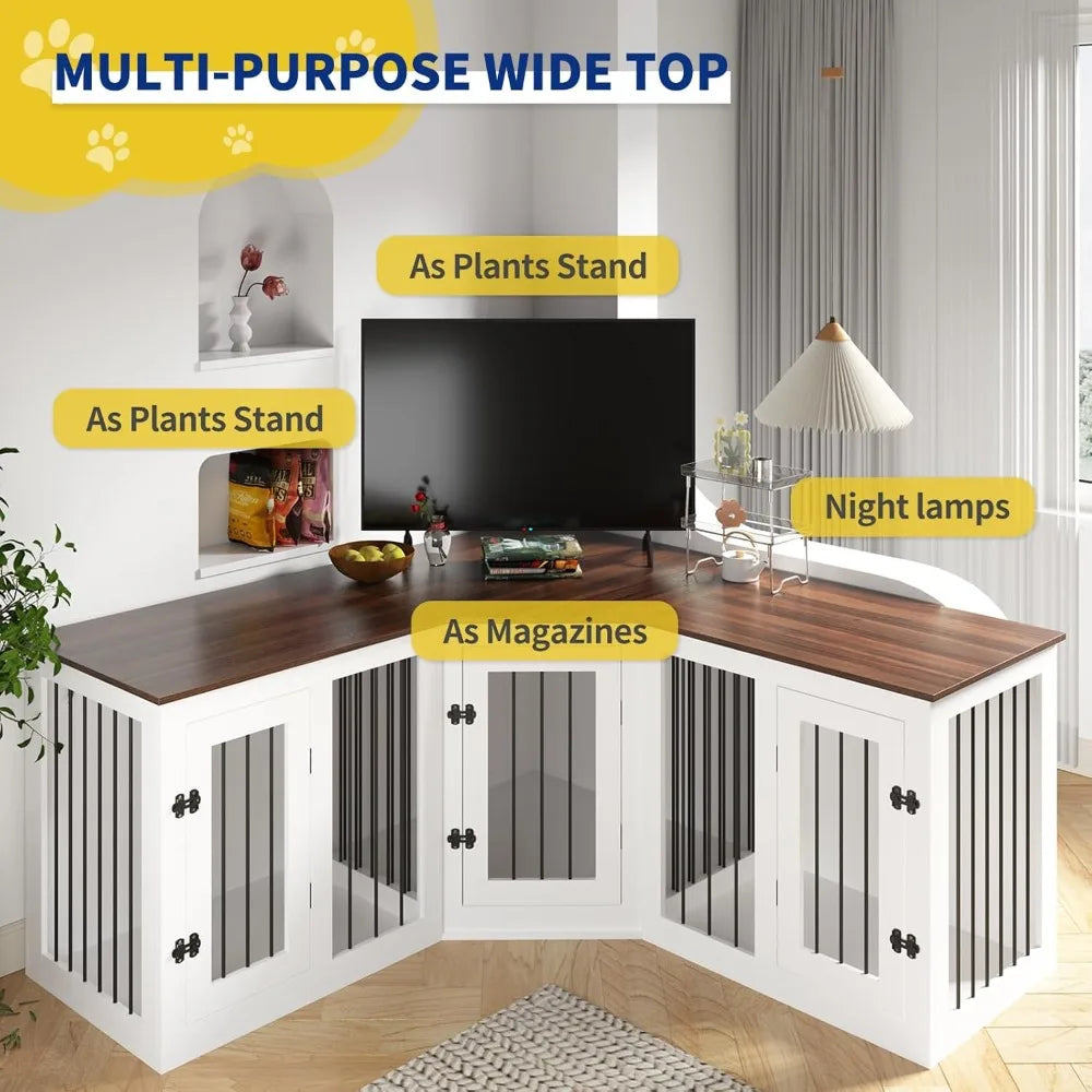 Large Dog Crate Furniture for 3 Dogs, 113'' Corner Dog Crate with Divider, 3 in 1 Heavy Duty Indoor Wooden Dog Kennel Furniture