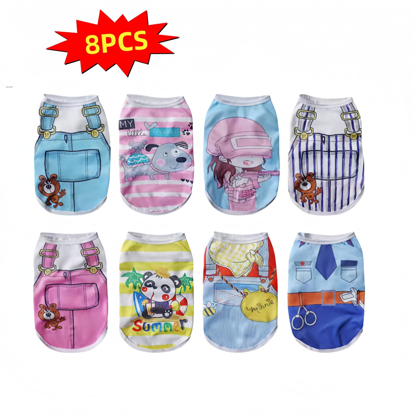 7pcs/ 8pcs/ 16PCSDog Vest Set, Cute Puppy And Cat Vest, Cartoon Design Pet Vest T-shirt, Spring/Summer Clothes for Small And Extra-Small Dogs, Pet Apparel Suitable for Yorkshire Terriers, Maltese, Bichons, Pomeranians And Chi